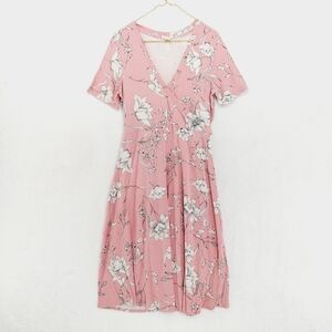 Matty M Pink & White Floral Short Sleeve V-Neck Midi Dress 2276